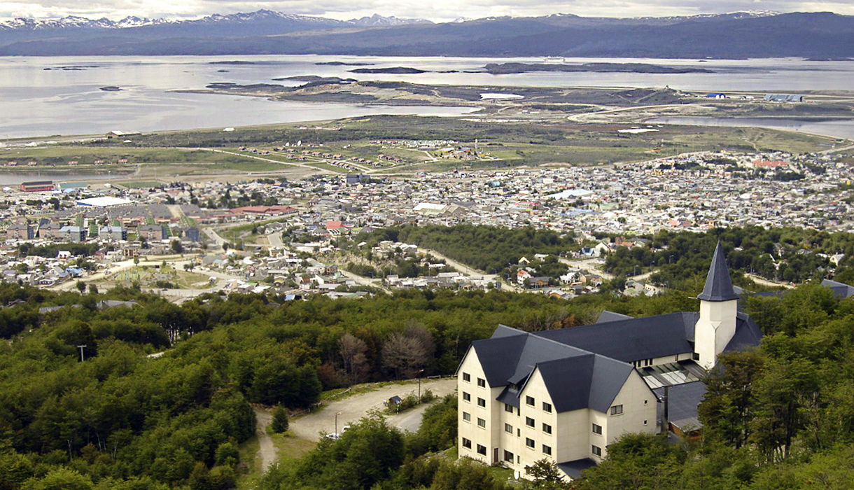 The hotel is on a hill overlooking the Beagle Channel