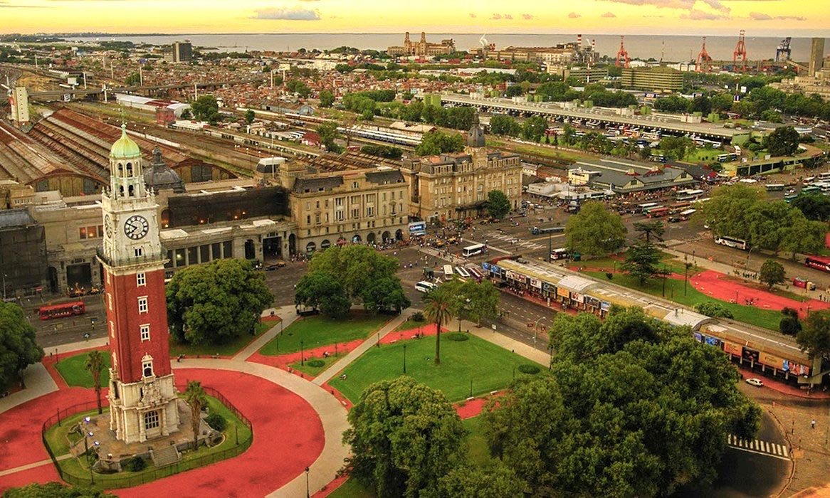 Bird’s eye view of Retiro neighborhood, with the British clock tower and Rio de la Plata in the back