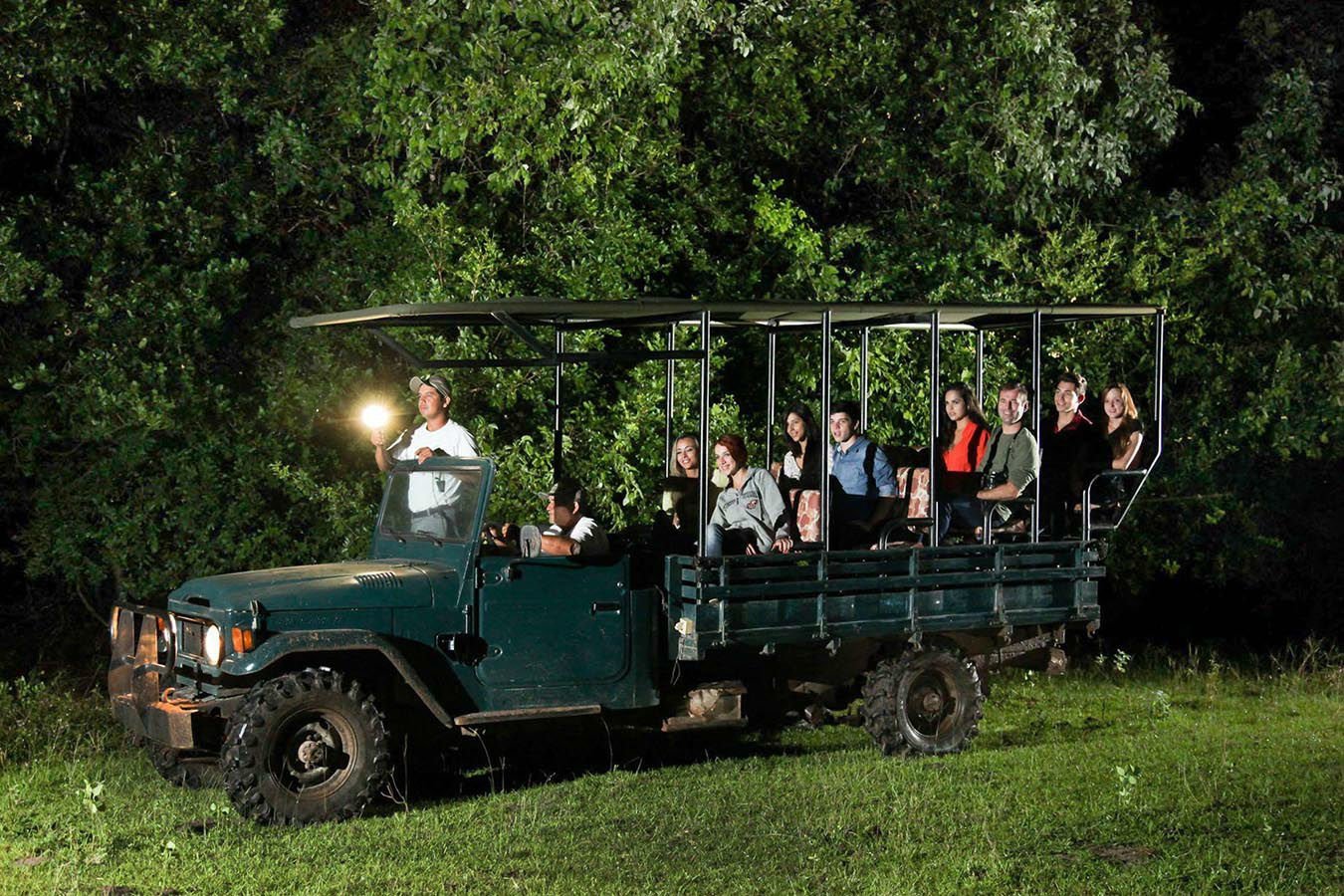 The adapted safari vehicle is equipped with spotlights to explore the night-time habitat