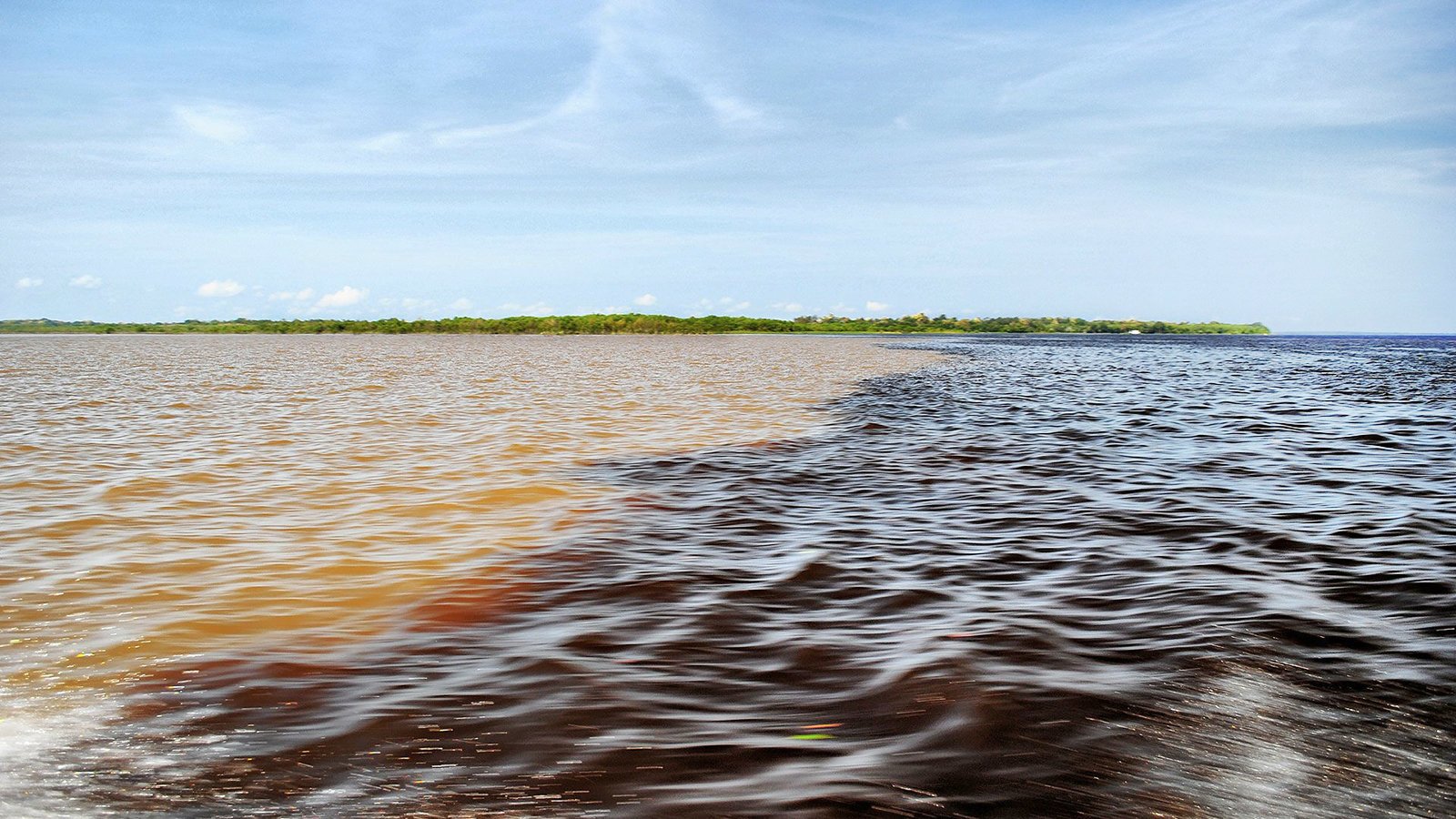 The meeting waters are strikingly different in color, temperature and flowing speed