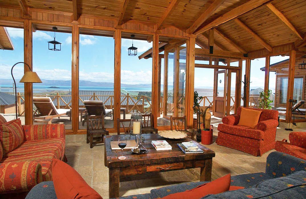 The lobby has views to the mountains and lake